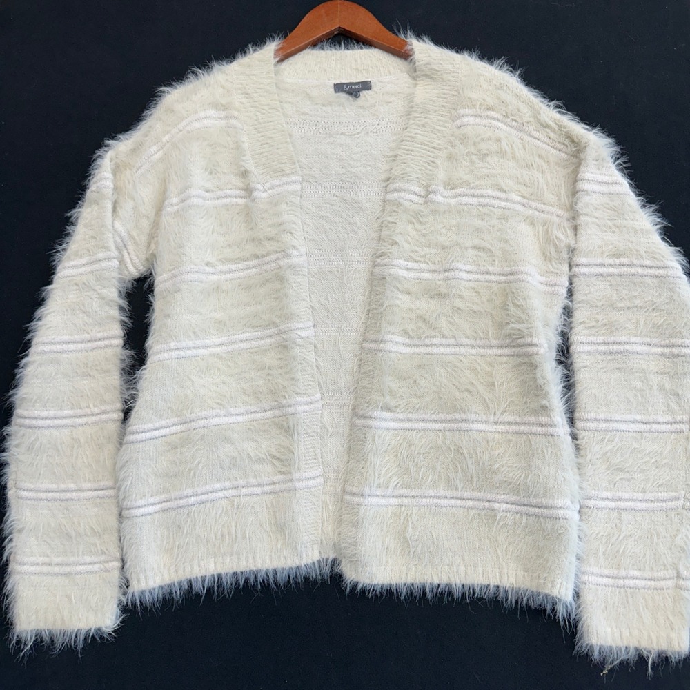 &merci Women Ivory White Eyelash Fuzzy Striped Open Front Cardigan MSW7213 S